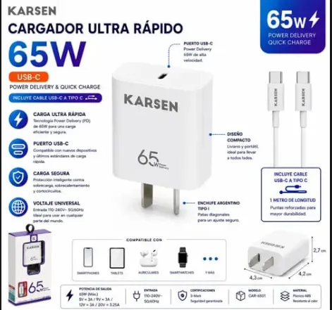 CARGADOR TIPO C KARSEN ULTRA RÁPIDO + CABLE TIPO C
